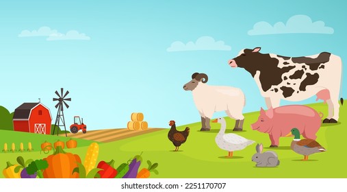 Farm landscape with domestic animals. Countryside cartoon scene