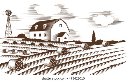 Farm landscape. Engraved Color Vector Illustration.