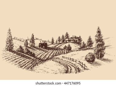 Farm landscape etch, agriculture scene