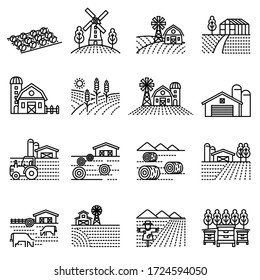 Farm landscape and farming fields icon with white background. Thin line style stock vector.