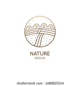 Farm landscape, field linear logo. Outline icon of countryside vector linear illustration on white background. Farm logo template, element for agriculture business, line icon object.