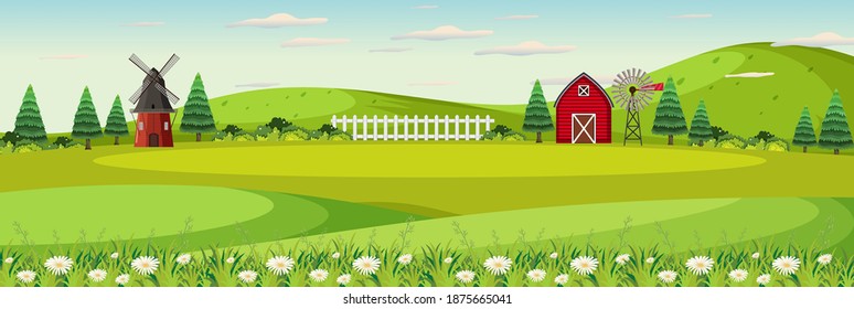 Farm landscape with field and red barn in summer season illustration