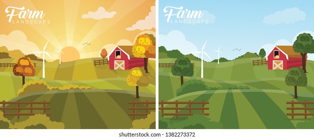 Farm landscape field with shed and windmill - Vector