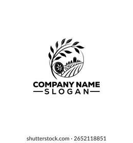Paisagem da fazenda com campos, celeiro e logotipo da filial