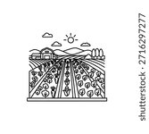 farm landscape with fields and barn under sunny sky