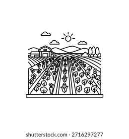 paisagem de fazenda com campos e celeiro sob céu ensolarado