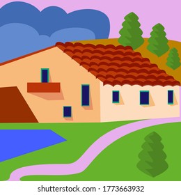 Farm landscape with fields and farmhouse. Vector illustration