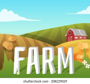 Farm landscape with fields and farmhouse. Vector illustration