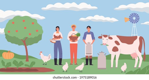 Farm landscape flat background with hens cow and happy farmers holding eggs basket with harvest can of milk vector illustration