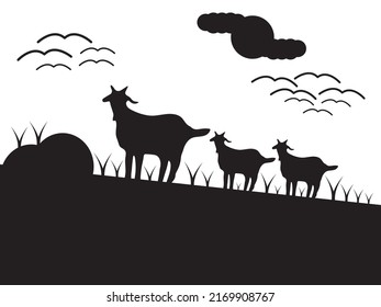 Farm landscape with goat silhouette on white background