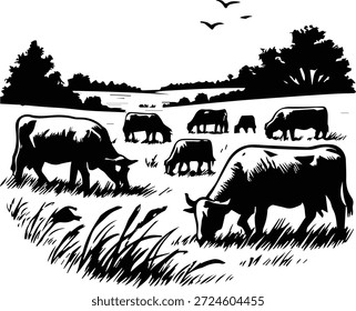 Granja Paisaje Pastoreo Rebaño - Vacas en Pasto Prado - Campo Tranquilo Arte Animal - Prado Pastoreo Escena de ganado - Pasto Vacas Paisaje de granja