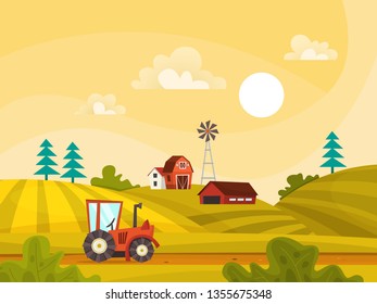 Farm landscape with green field, house and tractor. Summer countryside view, agriculture concept. Farmer transport. Vector illustration in cartoon style