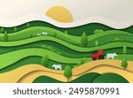 Farm landscape with hills cows and tractor. Paper cut style illustration depicting green rolling hills trees and sunrise. Bright colors and layered design