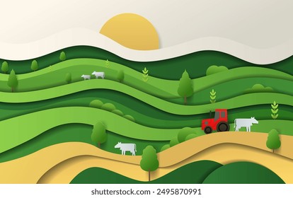 Farm landscape with hills cows and tractor. Paper cut style illustration depicting green rolling hills trees and sunrise. Bright colors and layered design