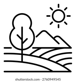 Farm landscape icon with field, tree, and sun, symbolizing agriculture, nature, and countryside scenery. Minimalist line vector for rural environment concepts.