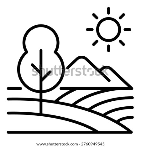 Farm landscape icon with field, tree, and sun, symbolizing agriculture, nature, and countryside scenery. Minimalist line vector for rural environment concepts.
