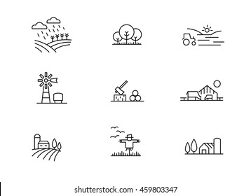 Farm landscape icons, thin line style