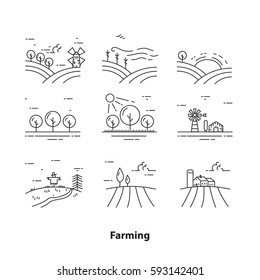 Farm landscape icons, thin line style, vector illustration