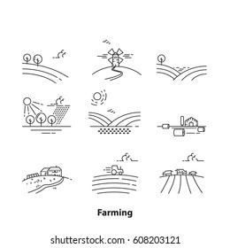 Farm landscape icons, thin line style, vector illustration