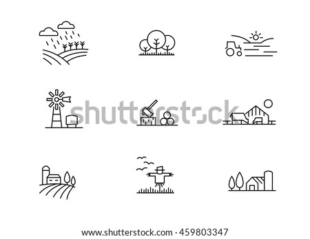 Farm landscape icons, thin line style