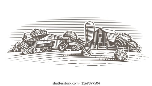 Farm landscape illustration. Vector. 