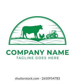 Farm Landscape Logo Featuring Cow Chicken Tractor and Green Field Ideal for Agricultural or Farming Business Branding Design