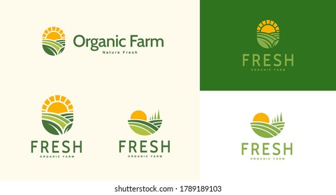 Farm landscape logo set in flat design, concept of growing organic crops and livestock, great choice for agribusiness and local farm