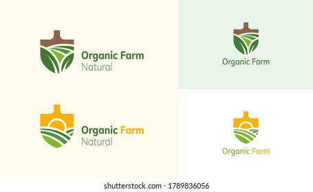 Farm landscape logo set in shovel shaped design, concept of growing organic crops and livestock, great choice for agribusiness and local farm