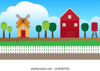 Farm landscape and mill in the field vector design.Landscape with barn and mill on background