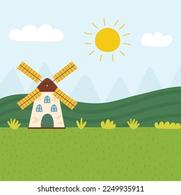 Farm landscape with a mill and green meadow. Farmhouse on the field background in cartoon style. Summer print with cute countryside. Vector illustration