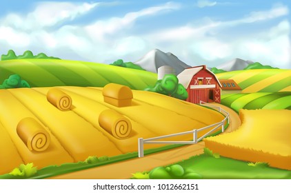 Farm. Landscape panorama, 3d vector illustration