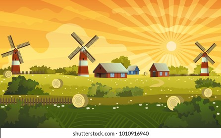 Farm landscape panorama vector illustration, windmill, house and red barn in the flower field with haystacks, green summer hills background. 