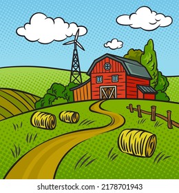 farm landscape pop art retro vector illustration. Comic book style imitation.