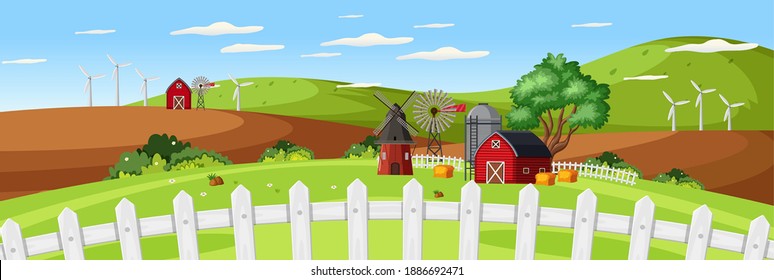 Paisaje agrícola con granero rojo y cerca cerrado en la ilustración de temporada de verano