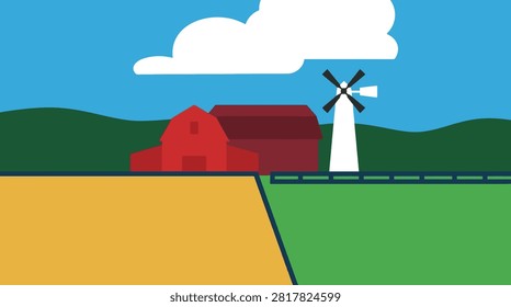 Farm landscape with red barn and white windmill landscape farmland