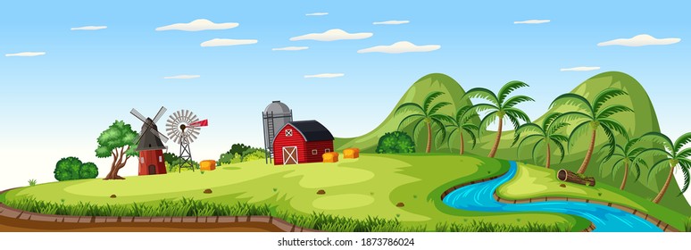 Paisaje agrícola con granero rojo y molino de viento en la ilustración de la temporada de verano