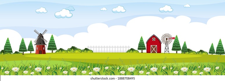 Farm landscape with red barn and windmill in summer season illustration