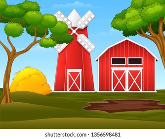 Farm landscape with red shed and windmill