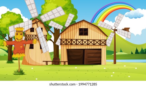 Escena del paisaje agrícola con ilustraciones de granero y molino de viento