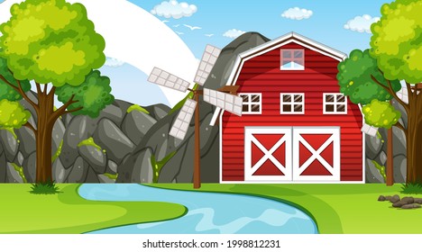 Farm landscape scene with barn and windmill illustration