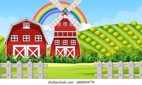 Farm landscape scene with barn and windmill illustration