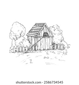 Farm landscape scene with chicken coop, fence, trees and bushes. Vector black and white illustration hand drawn with ink.