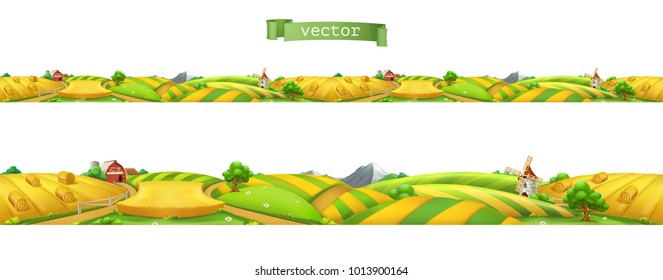 Farm. Landscape, seamless panorama. 3d vector illustration