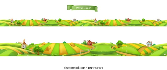 Farm. Landscape, seamless panorama, 3d vector illustration