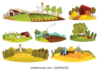 Farm landscape set. Collection agriculture field, rural nature scene. Ruralfield panorama with sheds, barns and tractors