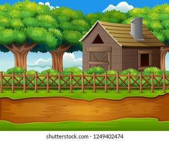 Farm landscape with shed and green plants