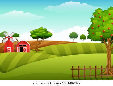 Farm landscape with shed and windmill