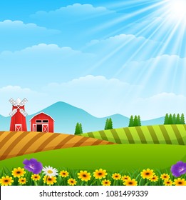 Farm landscape with shed and windmill