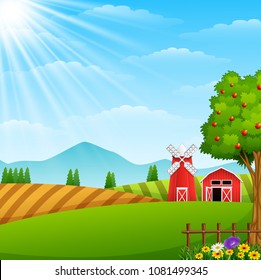 Farm landscape with shed and windmill