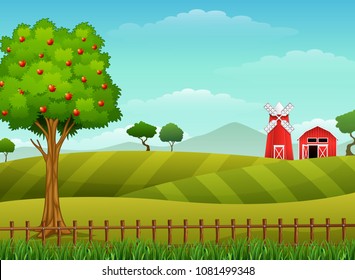 Farm landscape with shed and windmill